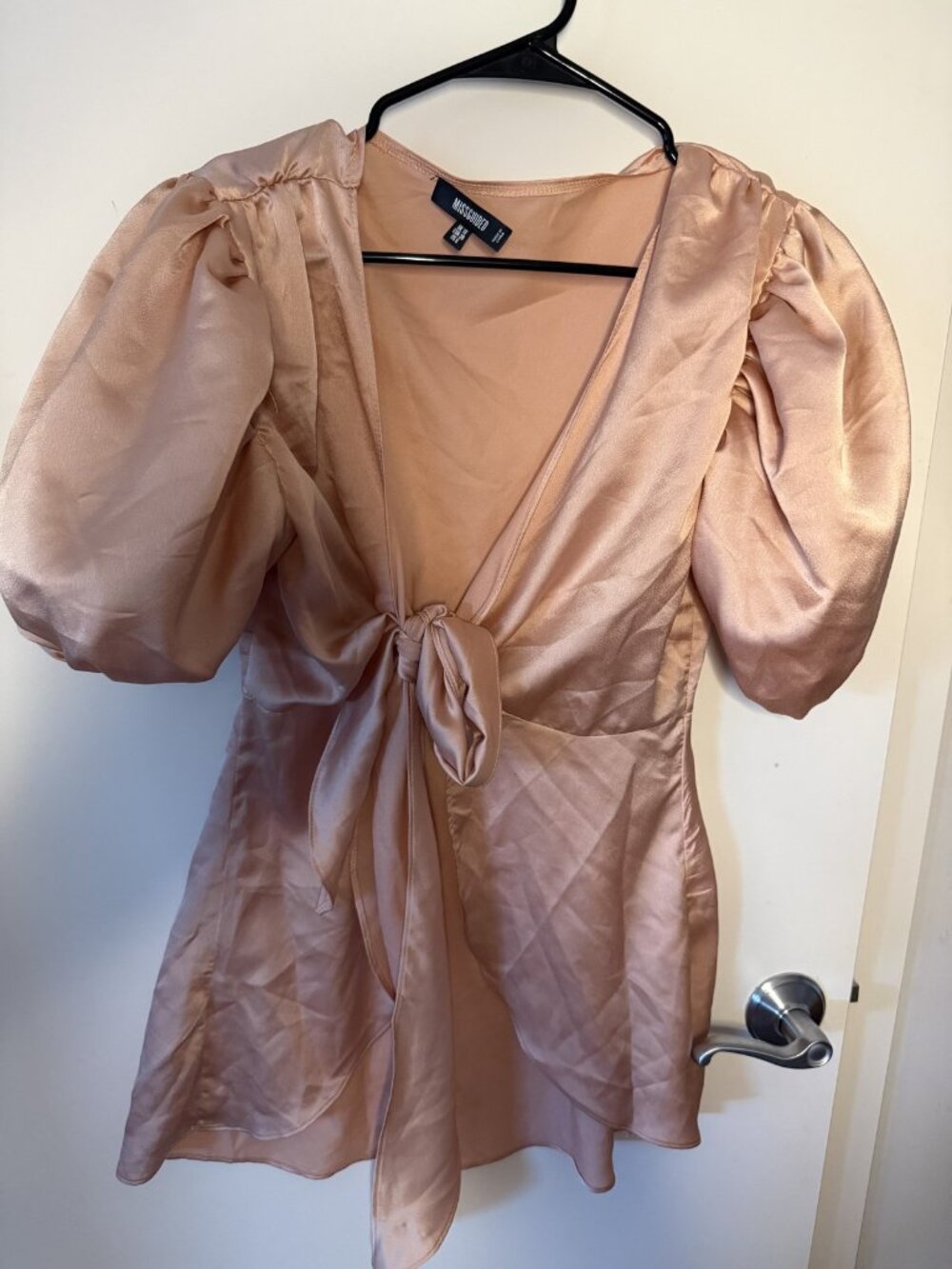 Blush Satin Puff Sleeve Wrap Romper